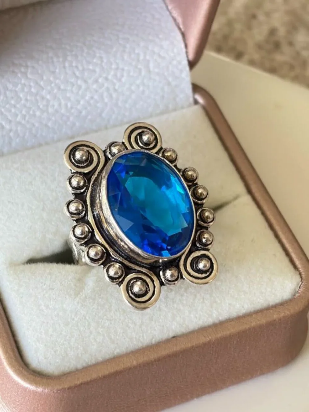 Simulated Electric Blue Oval Stone Statement Ring 925 Silver Plated - Size 6.75